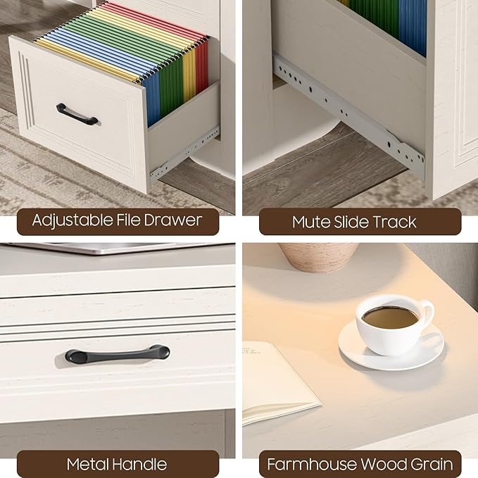 Vabches Farmhouse Executive Desk with Storage and Ample File Drawer, Rustic Large Home Writing Desk for Bedroom, Pure White