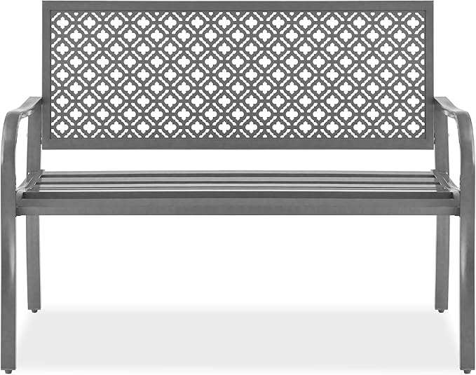 Best Choice Products Outdoor Bench 2-Person Metal Steel Benches Furniture for Garden, Patio, Porch, Entryway w/Geometric Backrest, 790lb Capacity – Gray