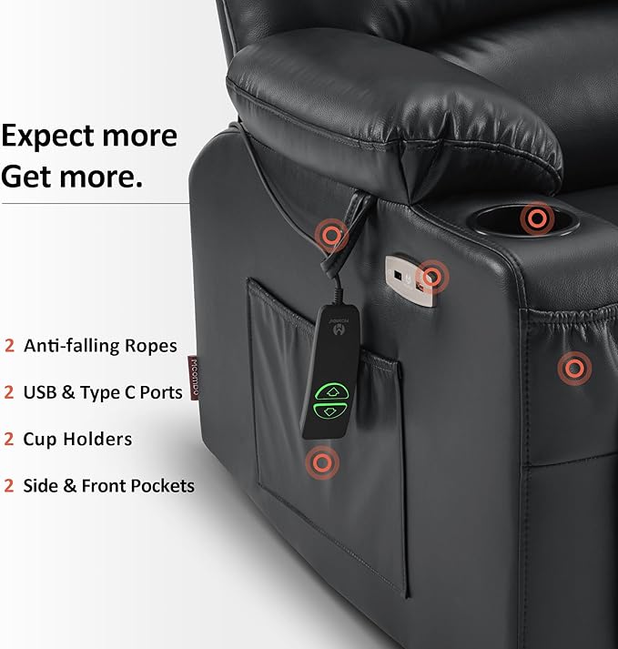 MCombo Oversized Power Lift Recliner Chair for Elderly, Lift Chair with Heat and Massage, Lift Recliner for Big and Tall, Cup Holders, USB &Type C Ports, Faux Leather R7092 (Black, Oversize)
