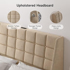 Ergonomic Upholstered Headboard Queen Size w/Charging Station, Linen Wingback Headboards w/Storage Pocket, Queen Headboard Only, Bed Frame Adapters, Sturdy Stable Solid Wood Bed Head Board, Beige