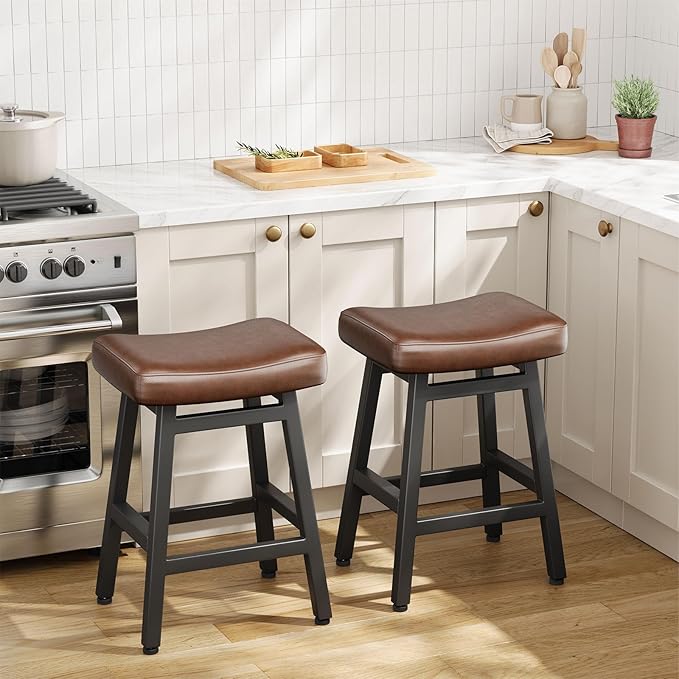 Counter Height Bar Stools Set of 2, 24 Inch Barstools for Kitchen Counter, Kitchen Stools with Bonded Leather Saddle Seats & Heavy Duty Metal Legs, Easy Assembly, All Black