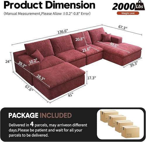 136.6'' U-Shaped Modern Modular Sectional Cloud Couch Whit Ottoman, 4-Seat Chenille Deep-Seat Sofa with Pillow for Living Room, Bedroom, Apartment, Wine Red