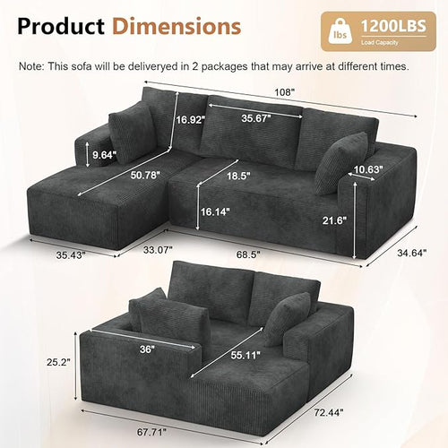 108” Cloud Sectional Couch, Modular Sectional Sofa with Deep Seat, Corduroy Boneless Couches with Chaise for Living Room Bedroom, No Assembly Required