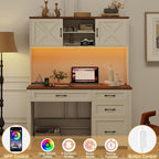 Farmhouse 67" H Executive Desk with Hutch,Office Desk with 4 Drawers and LED light, Wood Workstation for Home Office and Study, Computer Desk with Storage Cabinet & File Drawers and Charging Station
