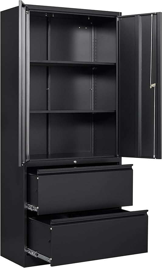 SISESOL Black Metal Storage Cabinet with Drawers and Lock,Locking Steel Storage Cabinet with Doors and Shelves,71" Office File Cabinets for Home Office,Warehouse,Garage,School (Black, 2 Drawers)