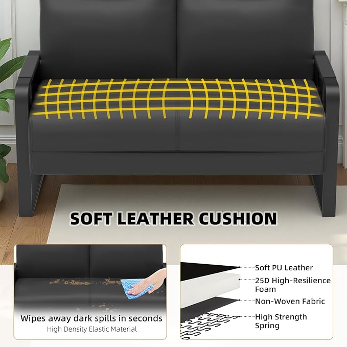 Faux Leather Loveseat Couch for Living Room Bedroom Office, Small Sofa 2 Seater Couch with Flip Up Tray Table Side Pockets Leather Loveseats, Black