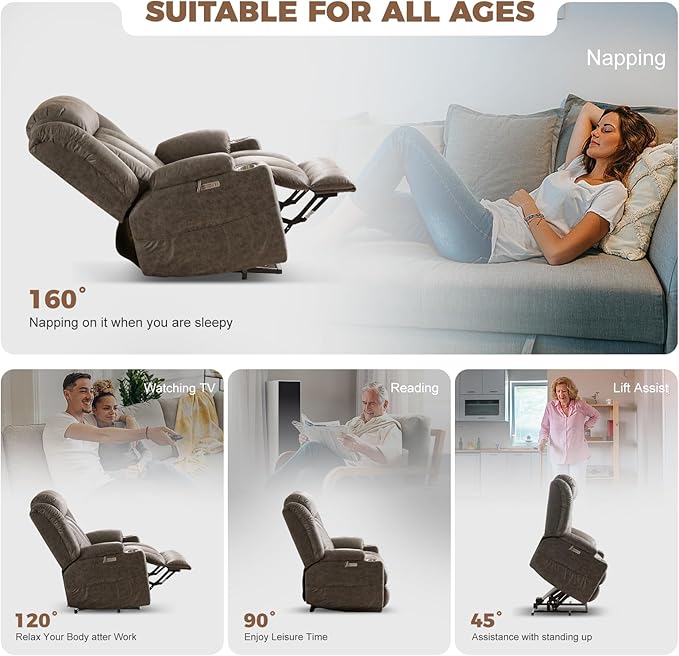 HUSFU Oversized Power Lift Recliner Chairs for Elderly with Massage and Heat, Extra Wide Recliners,Breathable Leather Lift Chairs w/Cup Holders, USB & Type-C Ports, Matte Grey,2PCS