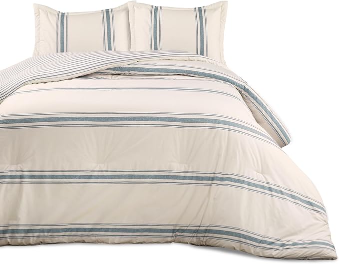 Lush Decor Farmhouse Stripe Reversible Cotton Comforter Set, 3 Piece Set, King, Blue - Cozy F𝚊rmhouse Bedding Set - Rustic Decor - Striped Comforter - Modern Farmho𝚞se Bedroom Decor