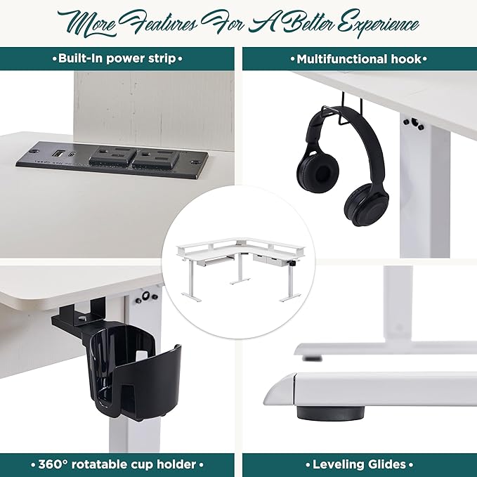 RedLemon 60 Inches L Shaped Electric Standing Desk, Height Adjustable Corner Gaming Desk with Drawers, Power Outlets & LED Lights, Computer Desk with Monitor Shelf, Carbon Fiber Black