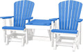 DutchCrafters Slat Fan Back Double Poly Adirondack Glider Outdoor Patio Chairs with Center Table (White & Blue)