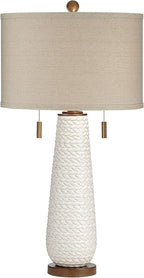 Possini Euro Design Kingston Mid-Century Modern Table Lamp with USB Charging Port 32.75" Tall White Ceramic Taupe Fabric Drum Shade for Living Room Bedroom House Bedside Nightstand Home Office