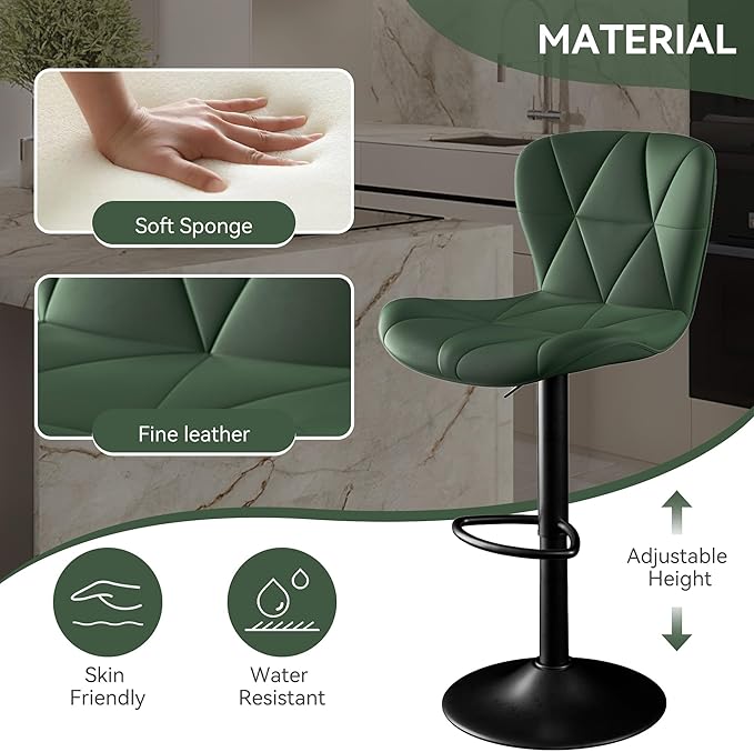 Bar Stools Set of 1,Adjustable Swivel Barstools, Faux Leather Bar Chairs,Upholstered Counter Height with High Backrest for Kitchen Island, Green