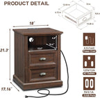 21" Tall Nightstand with Charging Station, Farmhouse 18" Wide End Table with 2 Storage Drawers, Wood Rustic Side Table w/Open Shelf for Bedroom, Living Room, Closet, Brown