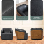 Genuine Leather Swivel Accent Chair Swivel Barrel Chair Comfortable Mid Century Modern Chair Upholstered Metal Base Armchair for Living Room Bedroom Office Large Vintage Black