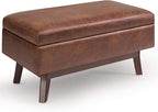 SIMPLIHOME Owen 36 inch Wide Mid Century Modern Rectangle Small Rectangular Storage Ottoman in Distressed Saddle Brown Vegan Faux Leather, Assembled, for the Living Room, Entryway and Family Room