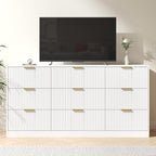 White Dresser for Bedroom with 9 Drawers, 63” Wide White Fluted Dresser Modern Chest of Drawers with Gold Handles, Wooden TV Stand Storage Organizer for Bedroom, Living Room