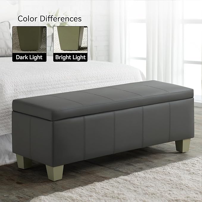 51" Faux Leather Storage Ottoman, Stitch Tufted Rectangle Upholstered End of Bed Storage Bench, Entryway Large Couch Ottoman with Wooden Legs,Dark Grey