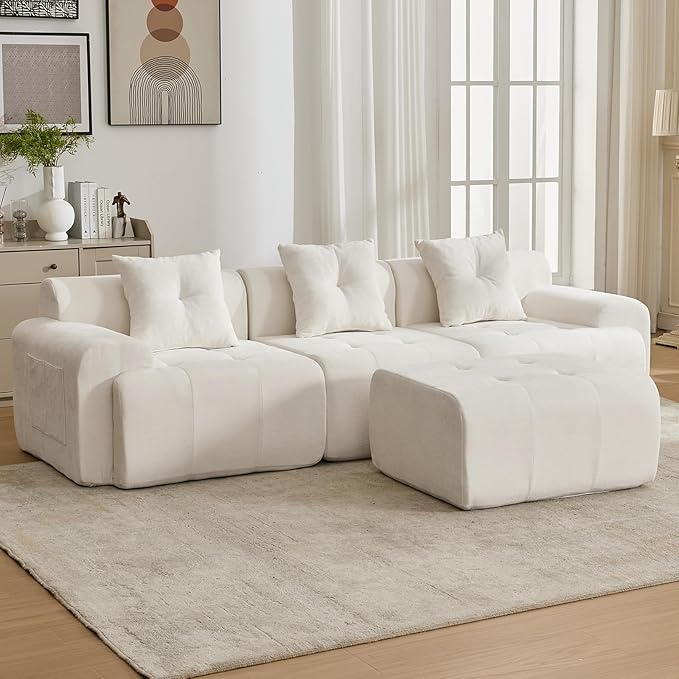 101.65” Modular Sectional Couch for Living Room, Modren L-Shape Cloud Sectional 3-Seater Sofa with Movable Ottoman, Woven Texture Upholstery Boneless Couch, No Assembly Grey, Beige