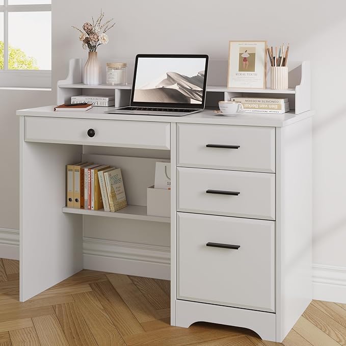 4 EVER WINNER White Desk with Drawers, Small Desk with File Drawer for Small Spaces, Writing Desk with Monitor Stand Wood Table for Study Home Office, White