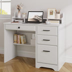 4 EVER WINNER White Desk with Drawers, Small Desk with File Drawer for Small Spaces, Writing Desk with Monitor Stand Wood Table for Study Home Office, White