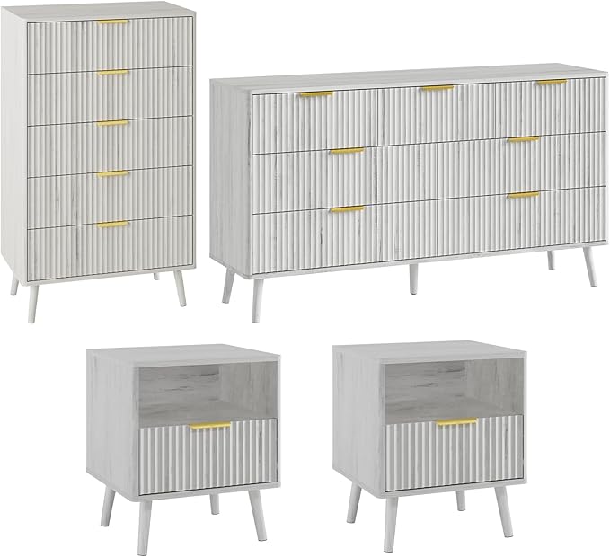 LYNSOM Fluted Dresser and Nightstand Sets 4 Piece, 1-Drawer Nightstands and 5/7 Drawers Dresser, Wood Bedroom Furniture Set for Home, Bedroom, Hallway, White