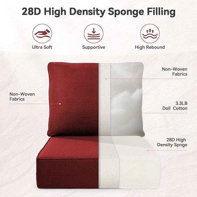Luxury 6" Outdoor Cushions for Patio Furniture, 24x24x6" Thick Seat Cushion Set of 8, Fade Resistant Couch Chair Replacement Cushions High Density Deep Wicker Chair Cushion w/ Removable Cover, Red