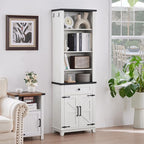 72in Tall Bookshelf 7 Tier Bookcase with Drawer and Barn Doors and Adjustable Shelves, White Farmhouse Book Shelf with Storage Cabinet, Wood Freestanding Display Bookshelves for Kitchen (2PCS)