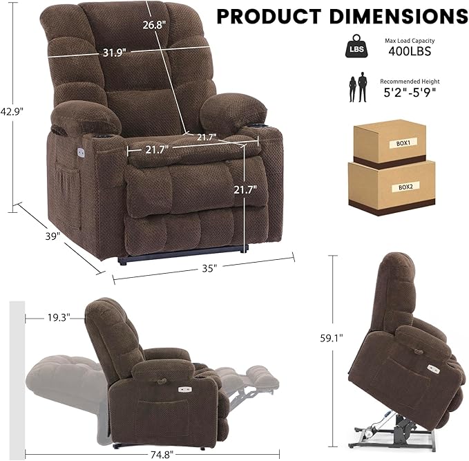 EONIX Dual Motor Lay Flat Power Lift Recliner Chair for Elderly and Adults with Cup Holders and Charging Ports, 400lbs Electric Power Recliner Lift Chair with Heat and Massage, Coffee, Brown