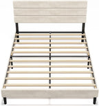 WLIVE Queen Size Upholstered Bed Frame, Velvet Square Tufted Headboard, Sturdy Metal & Wooden Slats Support, No Box Spring Needed, Beige