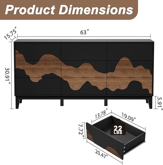 UEV 9 Drawer Dresser for Bedroom, 63" Long Mid-Century Modern Chest of Drawers with Unique Water Stream Pattern, Wooden Dressers Organizer for Living Room, Nursery (Black and Brown)