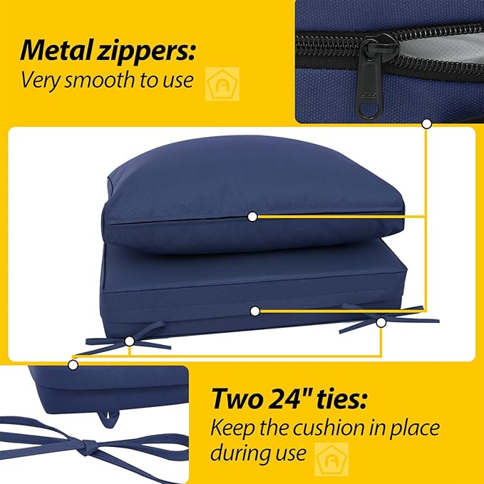 AAAAAcessories Outdoor Deep Seat Cushions, Waterproof, Fade-Resistant Patio Furniture Replacement Cushions, 25.5" x 25.5" x 5" + 25.5" x 13.5", Set of 4, Navy Blue