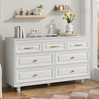 Farmhouse Dresser for Bedroom, 51'' Wide Rustic chests of Drawers with Natural Texture, 7 Drawers Dresser Vintage Design, Storage Dressers Organizer, White