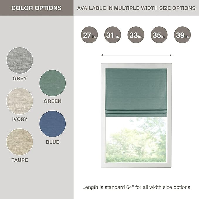 Madison Park Cordless Roman Shades Faux Silk Shade with Sheen 1-Panel Privacy, Room Darkening, Energy Efficient, Thermal Insulated Window Blind for Bedroom, Living Room Décor, 33"W x 64"L Como, Green