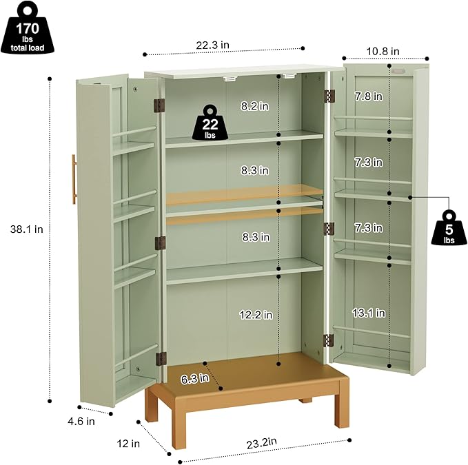 ARTPOWER 45'' Kitchen Pantry Cabinet, 4 - Layer Storage Cupboard with Adjustable Shelves for Storage Cabinet Pantry, Food Pantry Cabinet for Kitchen, Dining Room and Living Room,Gold Legs, Green