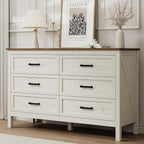 LYNSOM Farmhouse 6 Drawers Dresser for Bedroom, Wood Rustic Wide Chest of Drawers with Deep Drawers, Metal Handle, Storage Dressers Organizer for Entryway, Hallway, Antique White
