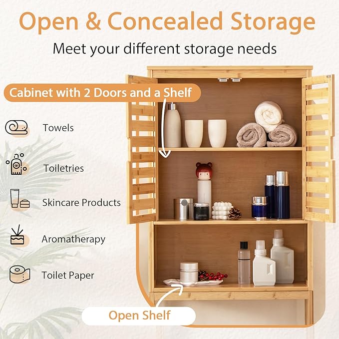 Tangkula Over The Toilet Storage Cabinet, Bamboo Bathroom Space Saver with 2 Doors, Adjustable Bottom Bar, Open Shelf, Freestanding Bathroom Cabinet Organizer Above Toilet for Restroom, Laundry Room