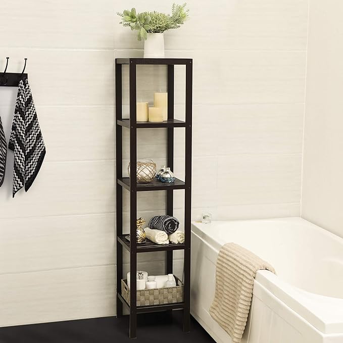 SONGMICS Bamboo Storage Shelf, 5-Tier Shelving Unit, Multifunctional, in the Entryway, Bathroom, Living Room, Balcony, Kitchen, 13 x 13 x 57.5 Inches, Brown UBCB55Z