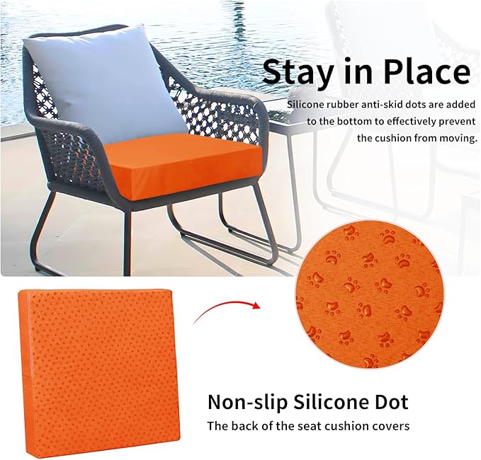 Easy-Going Waterproof Patio Cushion Covers 22x20x4 inch 2 Pack Replacement Non-Slip Outdoor Seat Cushion Slipcover with Zipper. Orange