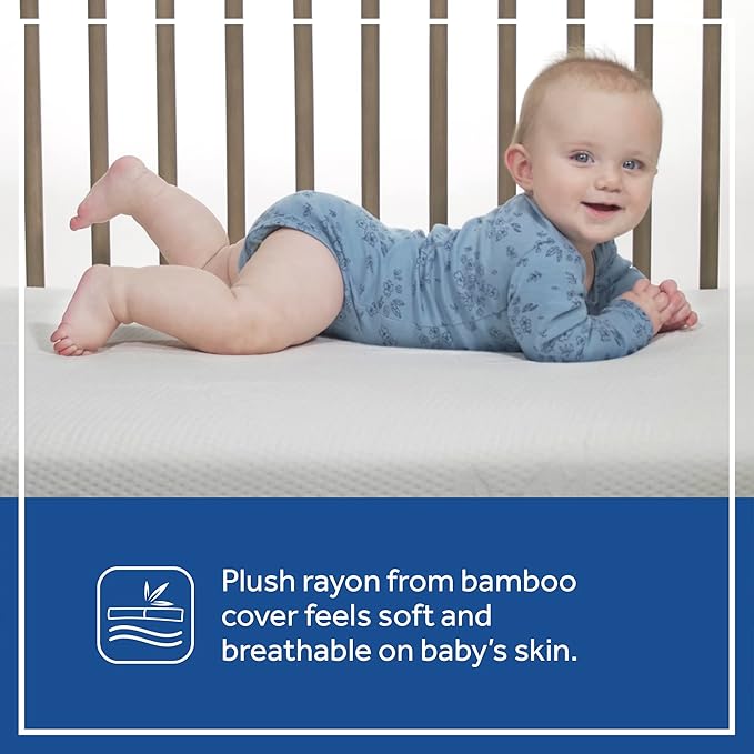 Sealy Baby Cozy Brilliance Breathable Crib Mattress, GREENGUARD GOLD Certified, Made in USA, Firm Dual Firmness, Toddler Bed Fit, Rayon, Waterproof, Non Toxic, Washable Zip Cover, 52” x 28