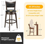 PrimeZone Swivel Bar Stools Set of 1, 26 Inch Counter Height Barstools, Black Faux Leather Bar Stool with High Backrest & Solid Wood Legs & Wrap-around Footrest, Counter Stools for Kitchen Island, Pub