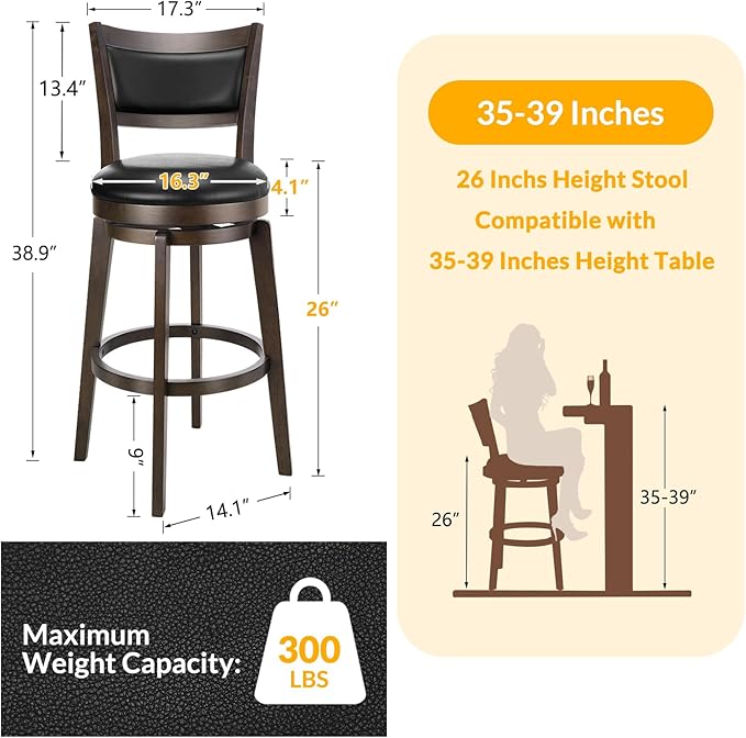 PrimeZone Swivel Bar Stools Set of 1, 26 Inch Counter Height Barstools, Black Faux Leather Bar Stool with High Backrest & Solid Wood Legs & Wrap-around Footrest, Counter Stools for Kitchen Island, Pub