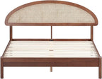NTC Gem Wooden Bed Frame with Headboard and Natural Rattan, Solid Oak/Rubber Wood Foundation with Silent Slats, 1000 Lb Capacity, Effortless Assembly (Natural Cane - Dark Walnut, Queen)