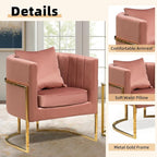 Velvet Modern Accent Chair, Upholstered Barrel Armchair Mid Century with Pillow for Living Room, Comfy Single Vanity Chair with Metal Gold Legs for Bedroom, Pink
