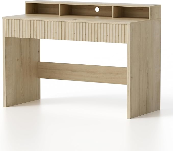 Fluted Executive Desk with Storage Shelf, 47" Modern Wood Home Office Desk with Long Monitor Stand & 2 Drawers, Writing Study Computer Table Vanity Desks, Light Oak