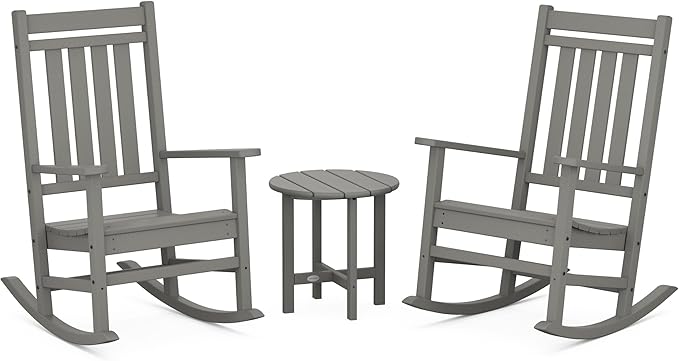POLYWOOD Estate 3-Piece Rocking Chair Set, Outdoor Porch Rockers with Side Table, HDPE Patio Furniture, Fade-Proof, Slate Grey
