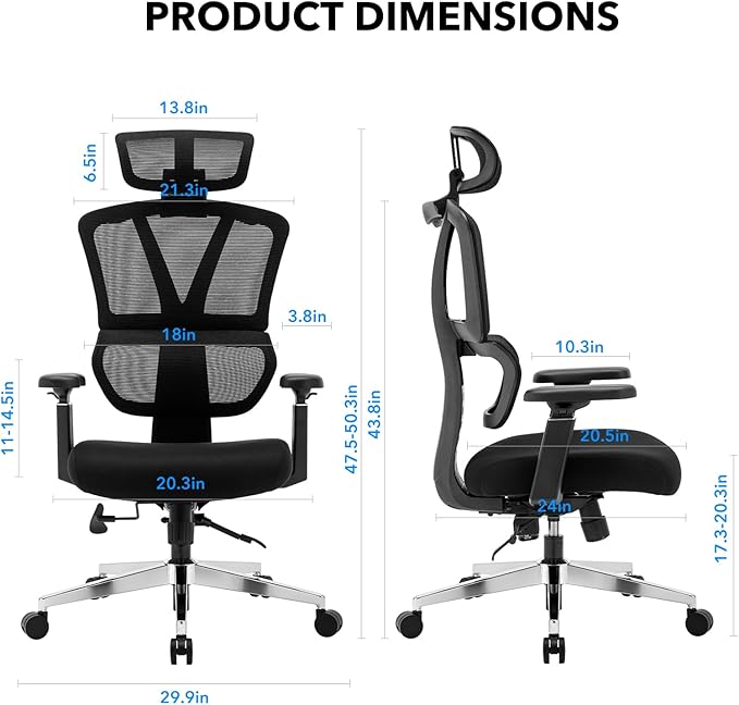 Chair Master Ergonomic High Back Mesh Office Chair, 3D Armrest, Adjustable Headrest, Variable Tilt (Nylon Casters)