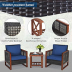 COSTWAY 3 Pieces Wicker Patio Furniture Set, Outdoor Wicker Sofa with Acacia Wood Frame, Coffee Table & Washable Cushions, Rattan Conversation Sets for Yard, Porch Bistro Balcony, Backyard, Navy Blue
