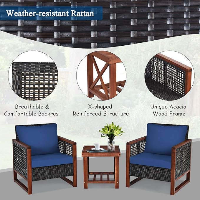 COSTWAY 3 Pieces Wicker Patio Furniture Set, Outdoor Wicker Sofa with Acacia Wood Frame, Coffee Table & Washable Cushions, Rattan Conversation Sets for Yard, Porch Bistro Balcony, Backyard, Navy Blue