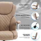 Leather Executive Office Chair, High Back Ergonomic Office Desk Chairs with Wheels, 90-120° Rocking Managerial Home Computer Chairs with Flip up Arms and Lumbar Support(Light Brown)