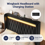 Allewie Upholstered Queen Size Platform Bed Frame with LED Light and Charging Station, Button Tufted High Headboard, Wingback Design, Noise Free, Easy Assembly, No Box Spring Needed, Black